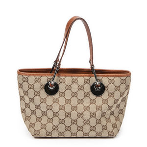 Gucci Beige Brown GG Canvas Shoulder Tote with Leather Trim
